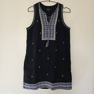 Madewell Embroidered Black Sleeveless Dress Womens Windowpane Keyhole Neck